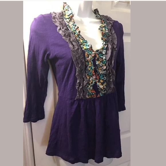 DELETTA Purple Printed Tuxedo Tee Shirt Blouse Pleated VNeck Layering knits Tops - Picture 4 of 8